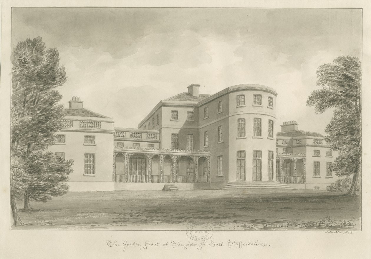 Shugborough Hall-花园前：棕褐色素描，1842年 作者 约翰·巴克勒