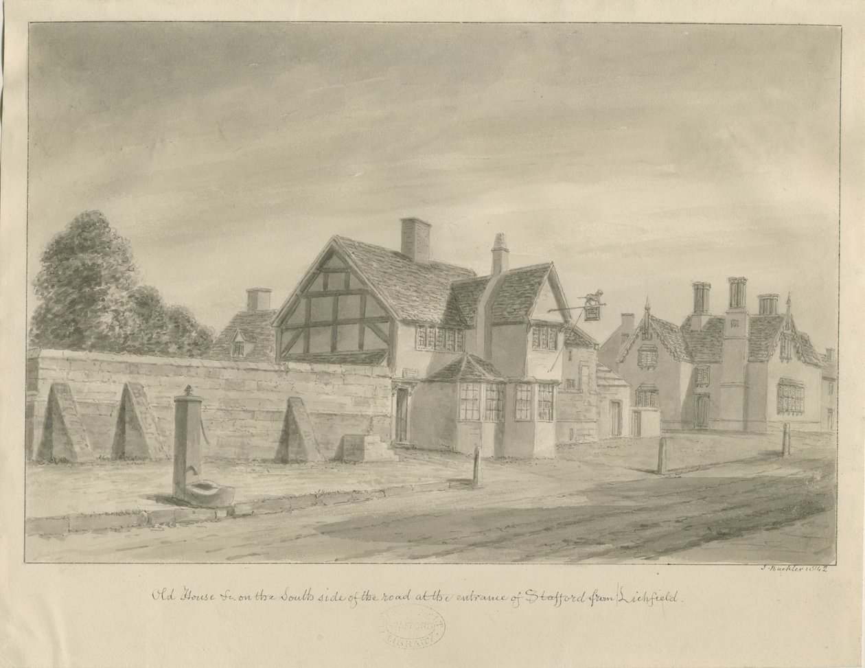 斯塔福德-[The White Lion Inn]：乌贼墨画，1842年 作者 约翰·巴克勒