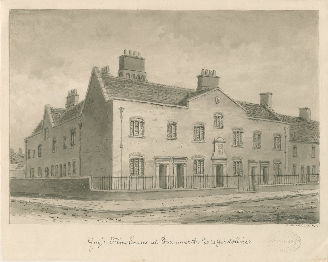 塔姆沃思（Tamworth）-盖伊贫民窟（Guy&39;s Almshouses）：棕褐色绘图 作者 约翰·巴克勒