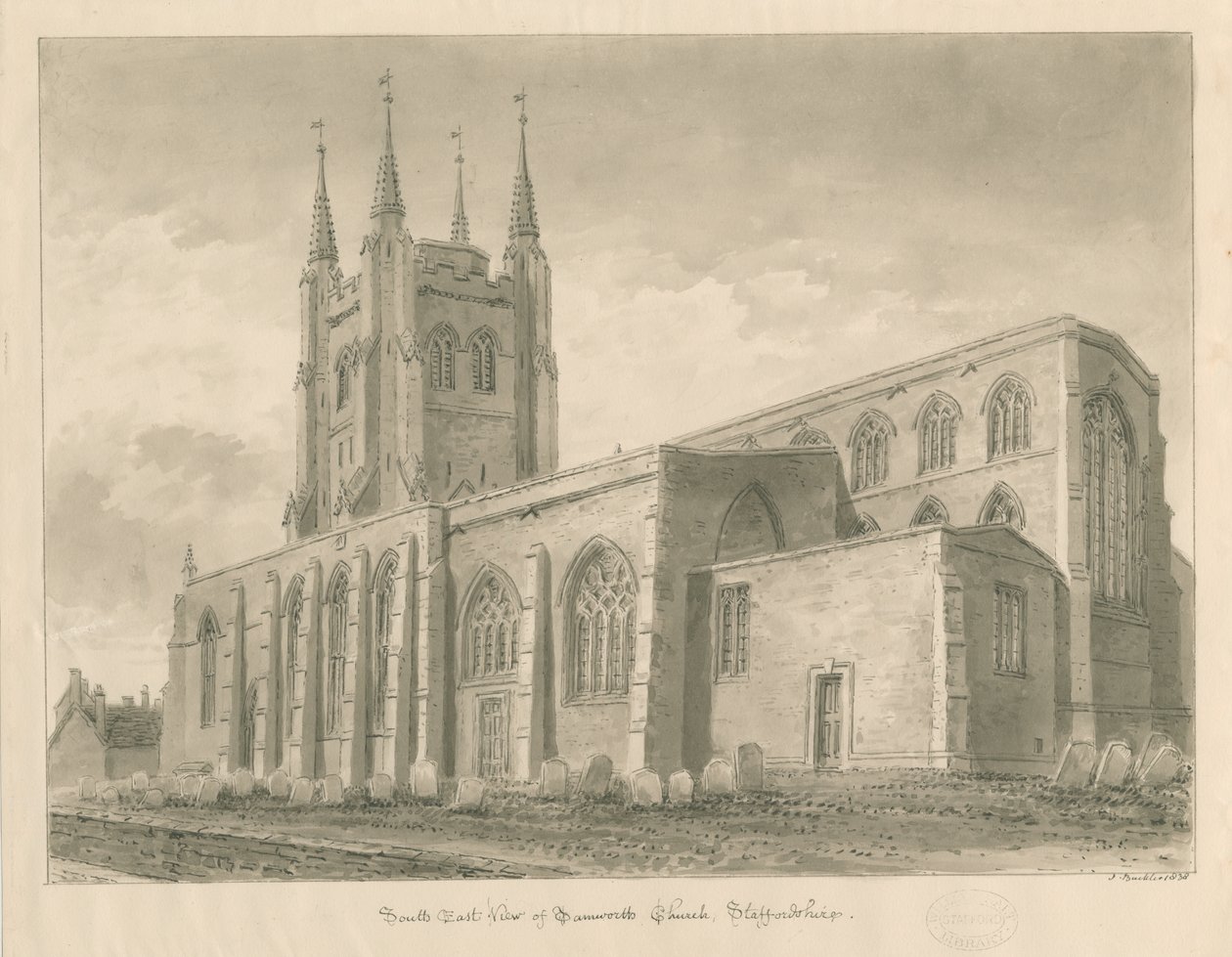 Tamworth Church: sepia wash drawing 作者 约翰·巴克勒