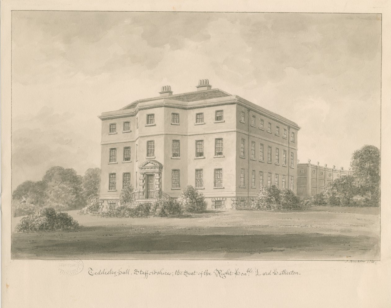 泰德斯利堂（Teddesley Hall）：棕褐色水墨画，1841年 作者 约翰·巴克勒