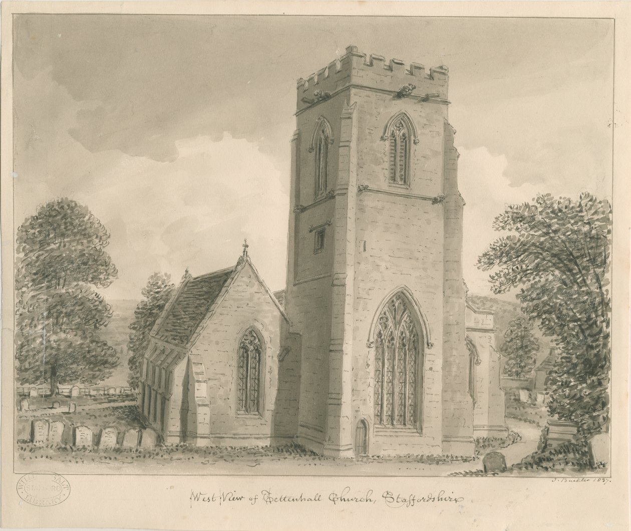Tettenhall教堂：棕褐色水墨画，1837年 作者 约翰·巴克勒