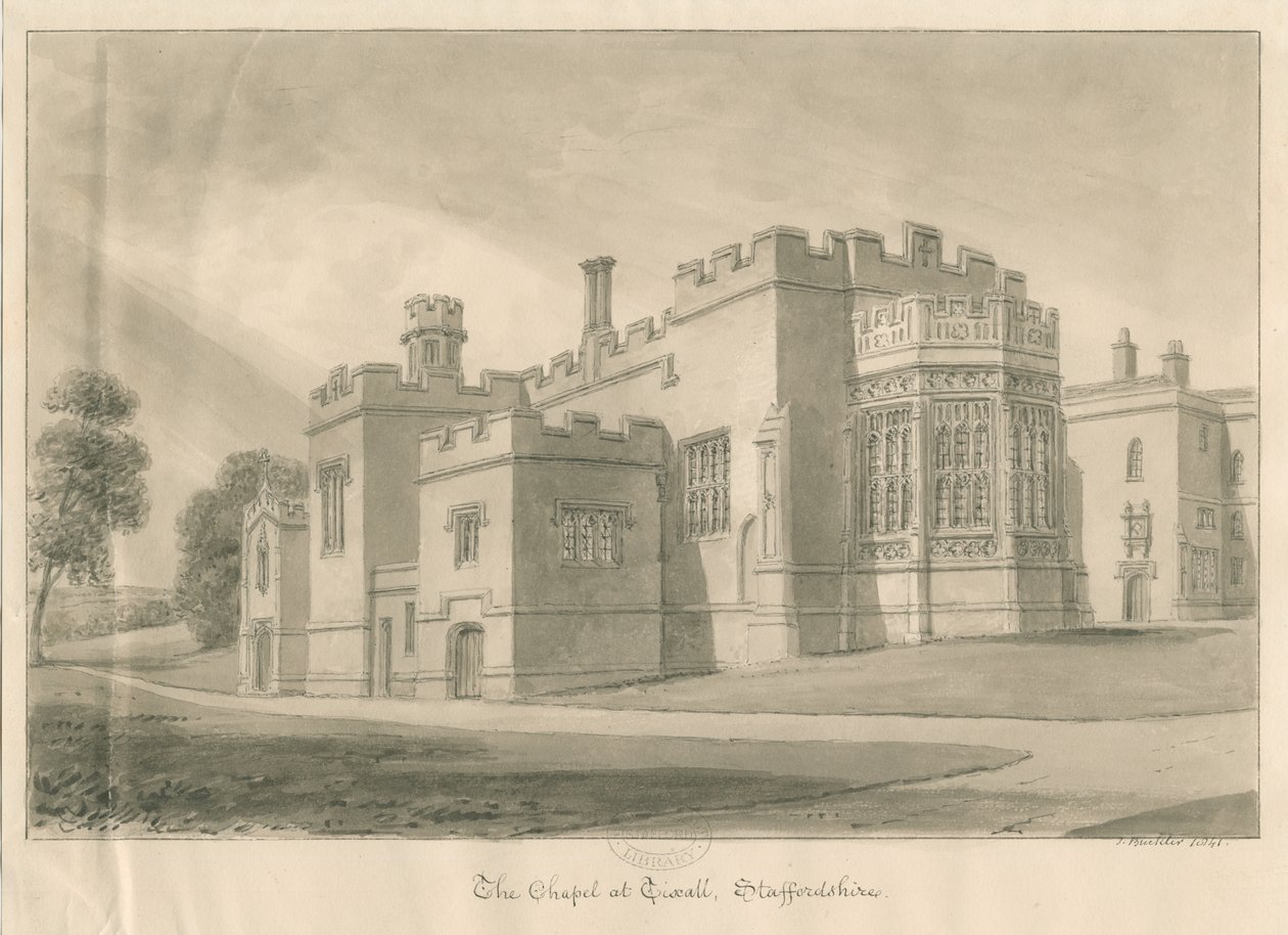Tixall-Tixall礼堂的教堂：棕褐色水墨画，1841年 作者 约翰·巴克勒