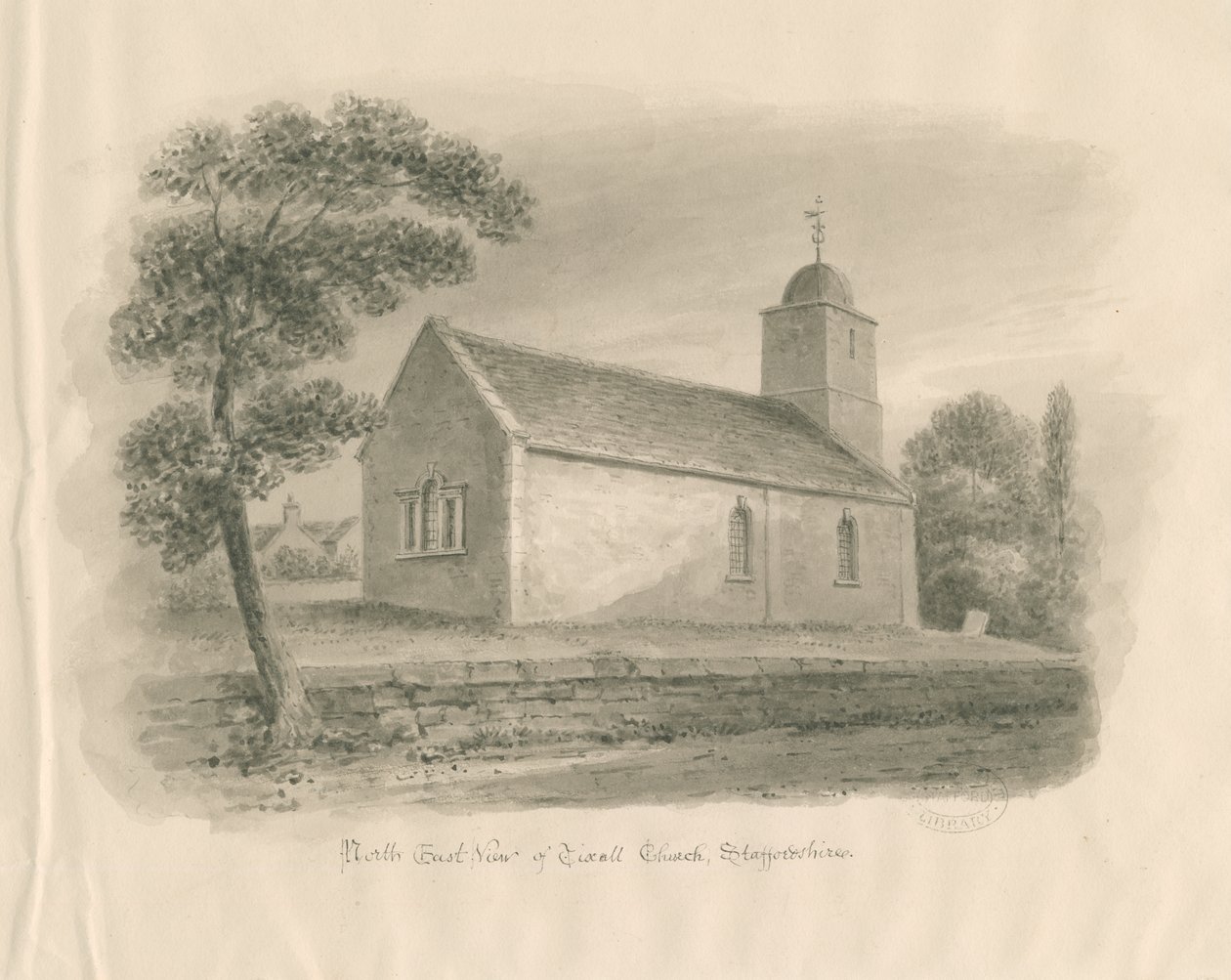 蒂克斯教堂（Tixall Church）：棕褐色水洗图，[1841] 作者 约翰·巴克勒