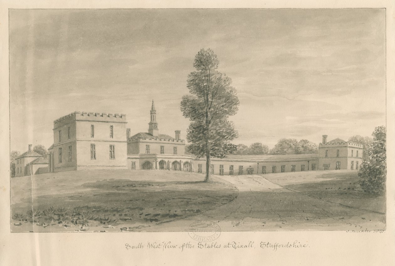 Tixall Hall-马able：棕褐色绘画，1841年 作者 约翰·巴克勒