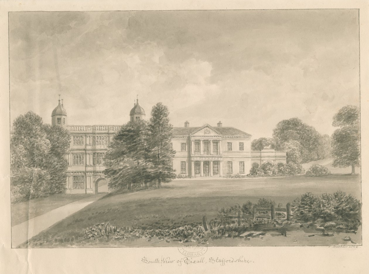 Tixall Hall and Gatehouse：棕褐色水墨画，1842年 作者 约翰·巴克勒
