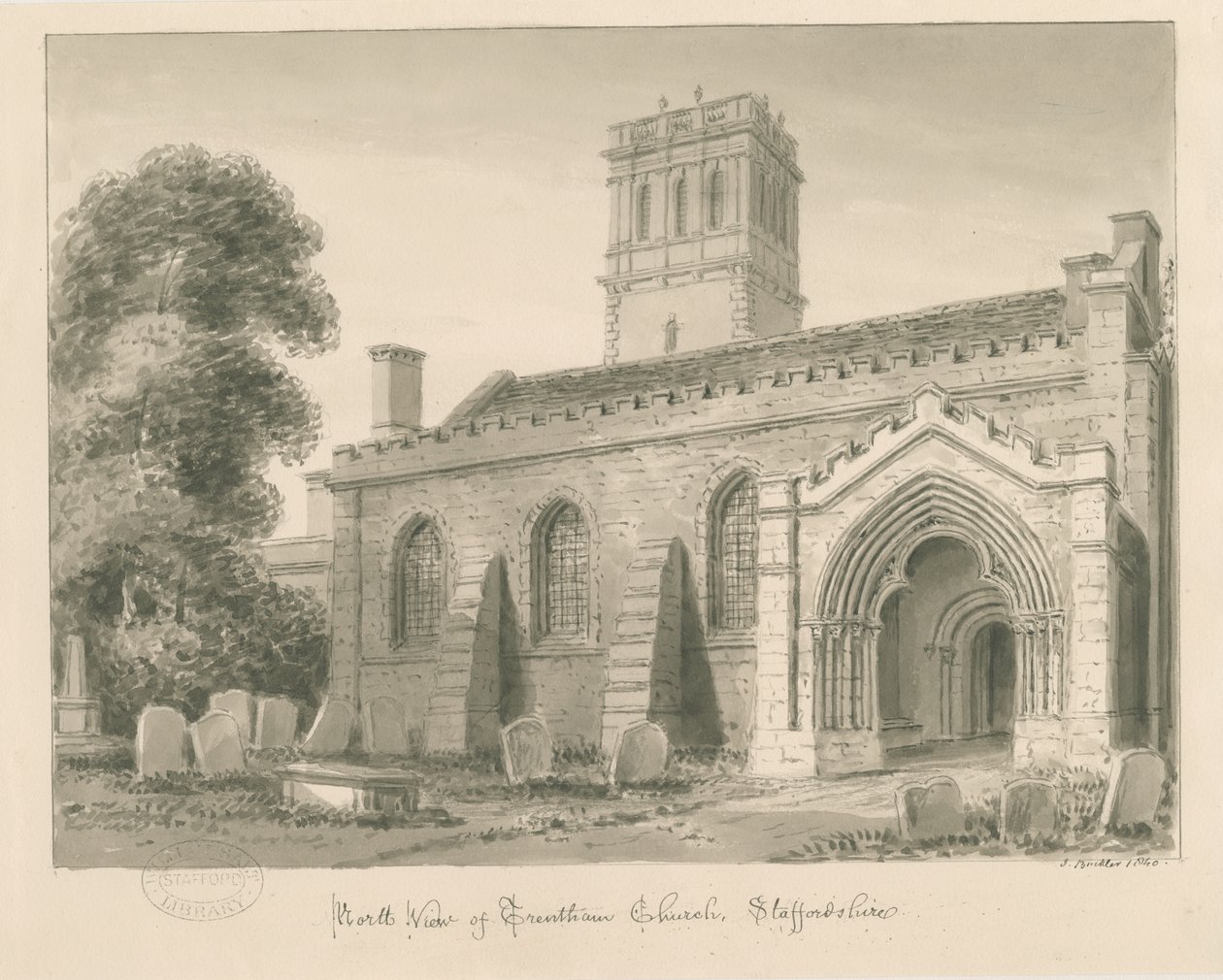 特伦瑟姆教堂（Trentham Church）：棕褐色水墨画，1840年 作者 约翰·巴克勒