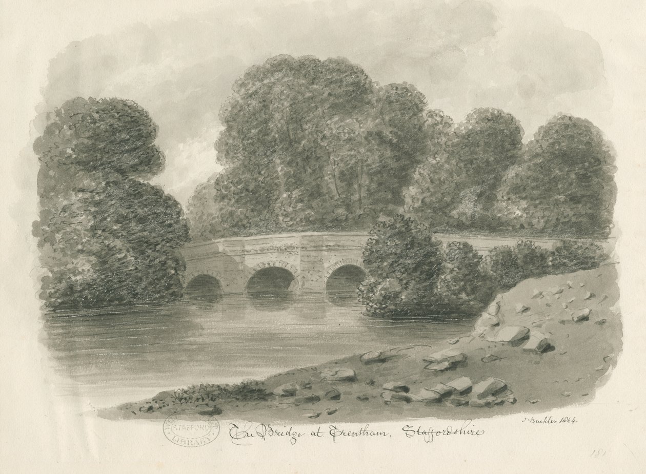 Trentham Hall-桥梁：棕褐色水墨画，1844年 作者 约翰·巴克勒