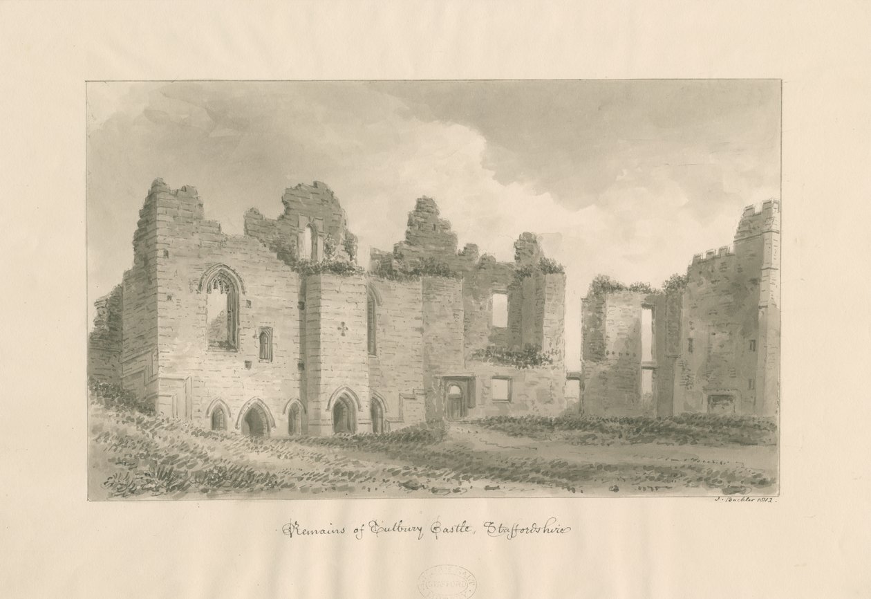 Tutbury城堡-内部庭院遗迹：棕褐色水墨画，1812年 作者 约翰·巴克勒