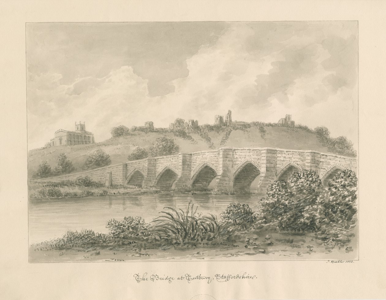 Tutbury Castle, Church and Bridge: sepia wash drawing 作者 约翰·巴克勒
