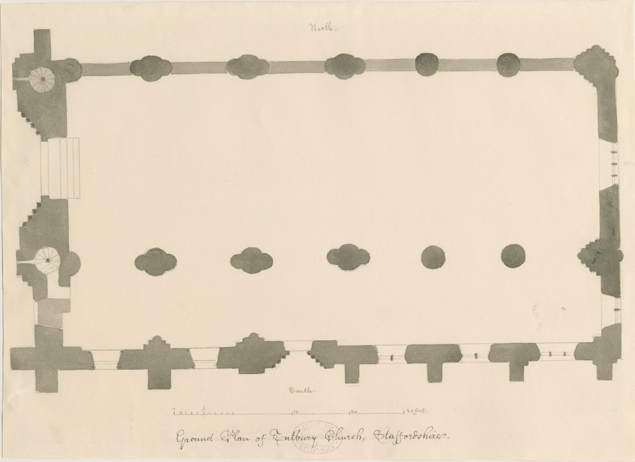 Tutbury Priory Church - Plan: pencil and sepia drawing, nd [?1812] (drawing) 作者 约翰·巴克勒