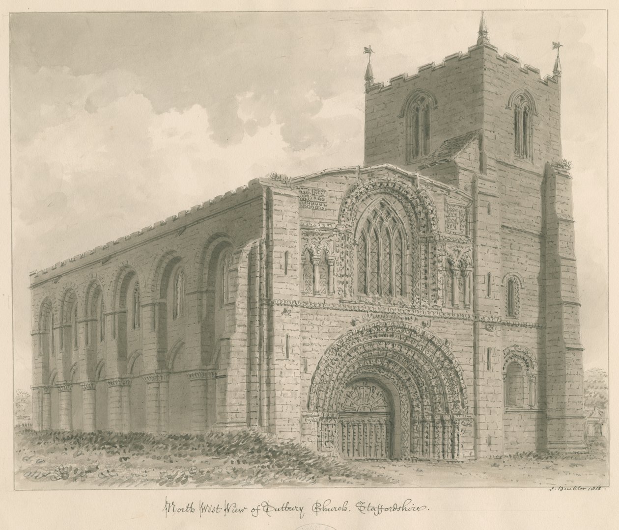 Tutbury Priory Church: sepia drawing 作者 约翰·巴克勒