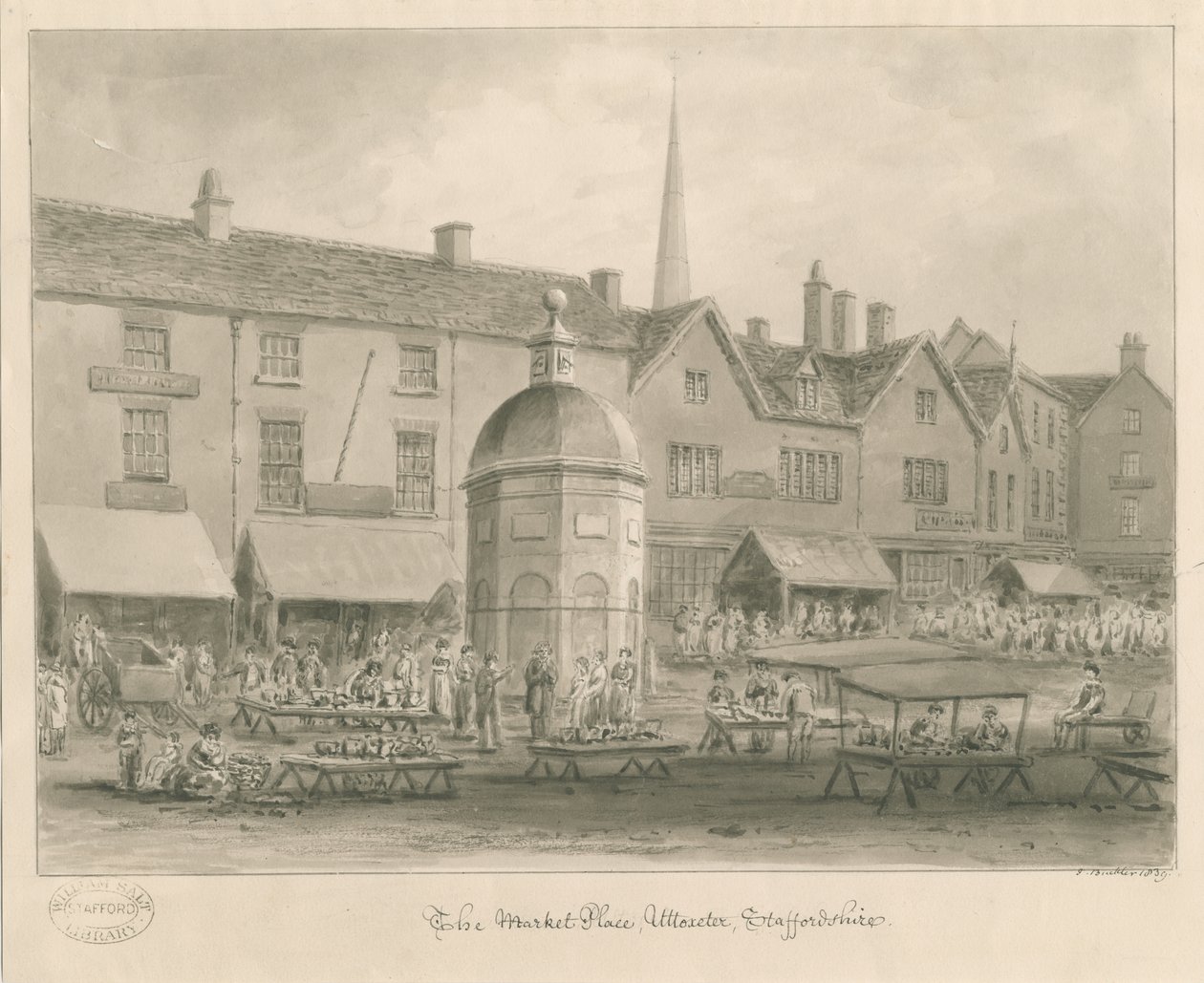 Uttoxeter Town - Market Place: sepia wash drawing 作者 约翰·巴克勒