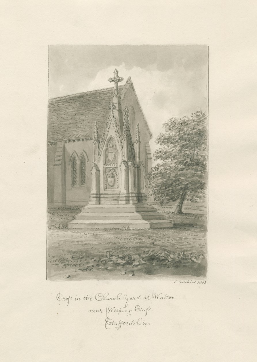 Walton-on-the-Hill Church - Church-yard Cross: sepia drawing 作者 约翰·巴克勒