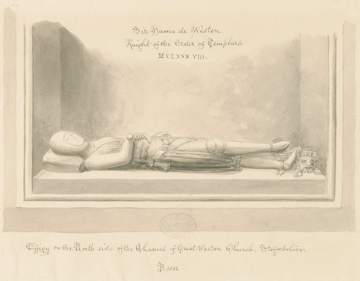 蜥蜴教堂韦斯顿-哈莫·德·韦斯顿爵士雕像：棕褐色水墨画，1842年 作者 约翰·巴克勒