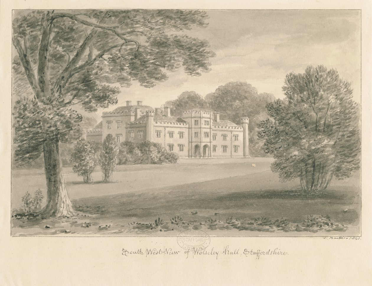 伍尔斯利·霍尔（Wolseley Hall）：棕褐色画，1841年 作者 约翰·巴克勒