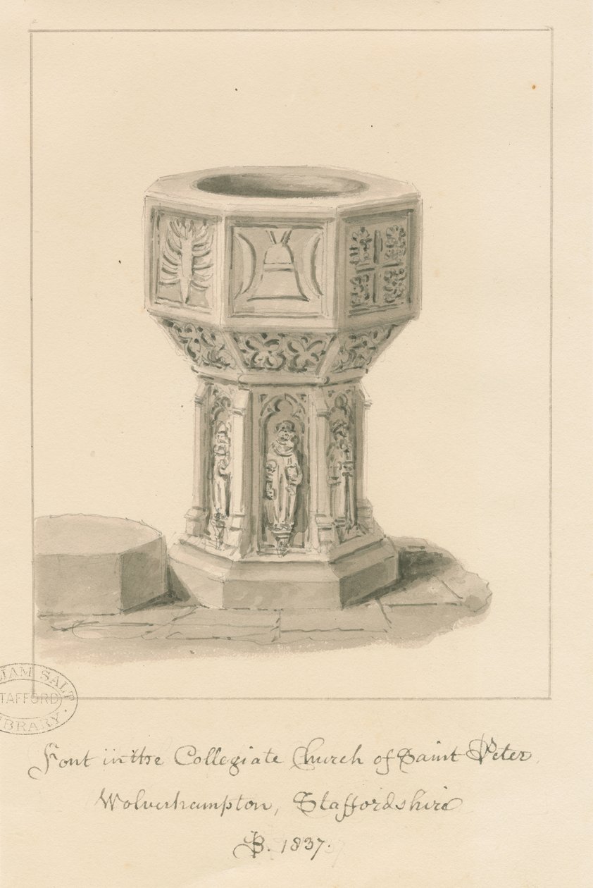 Wolverhampton-圣彼得教堂的字体：棕褐色绘画，1837年 作者 约翰·巴克勒