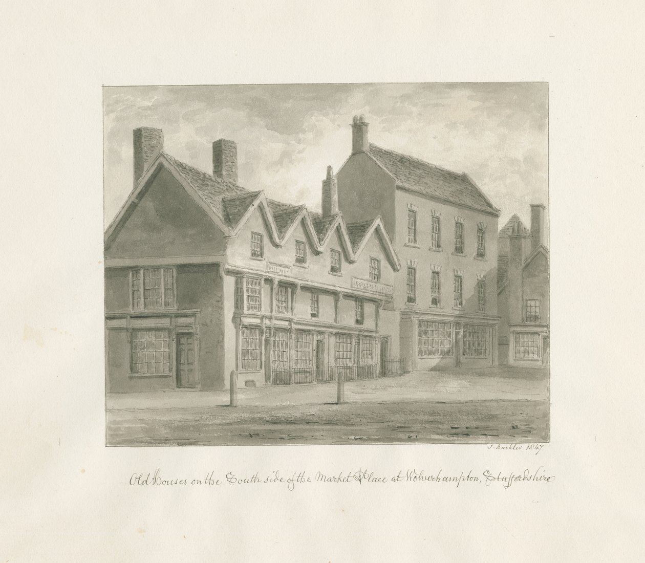 Wolverhampton-市场南侧的老房子：棕褐色图纸，1847年 作者 约翰·巴克勒