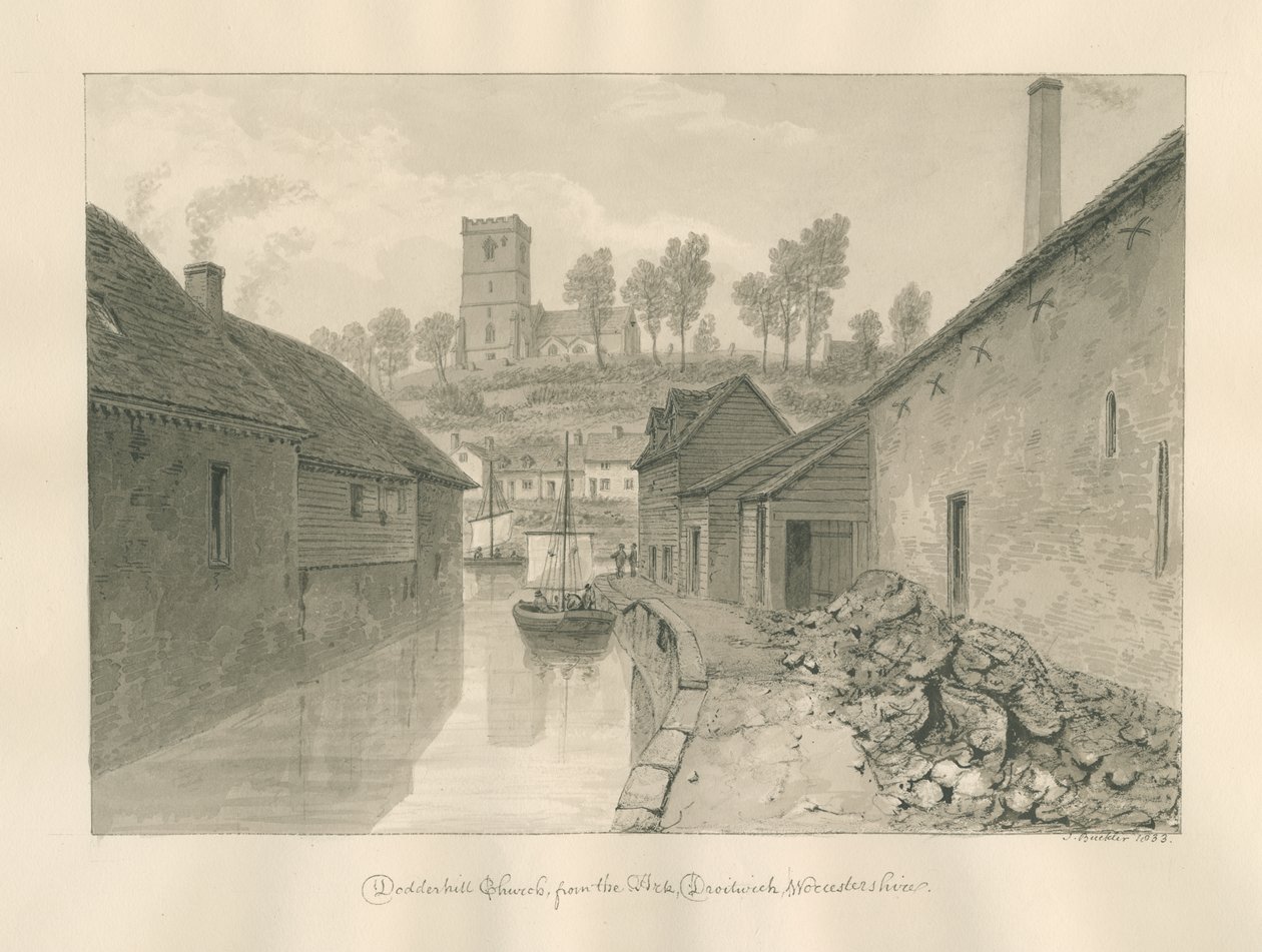 伍斯特郡-德罗伊特威奇-多德希尔教堂远景：棕褐色画，1833年 作者 约翰·巴克勒