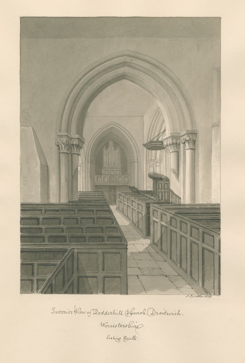 Worcestershire - Droitwich - Dodderhill Church Interior : sepia drawing 作者 约翰·巴克勒