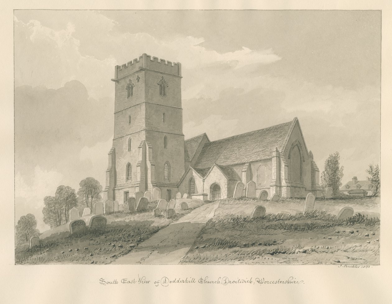 Worcestershire - Droitwich - Dodderhill Church: sepia drawing 作者 约翰·巴克勒