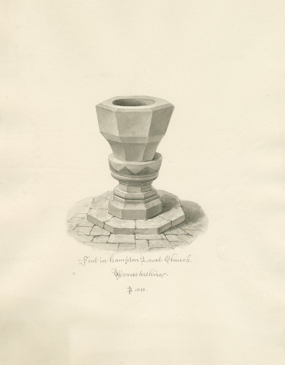 Worcestershire - Hampton Lovett Church - Font: sepia drawing 作者 约翰·巴克勒