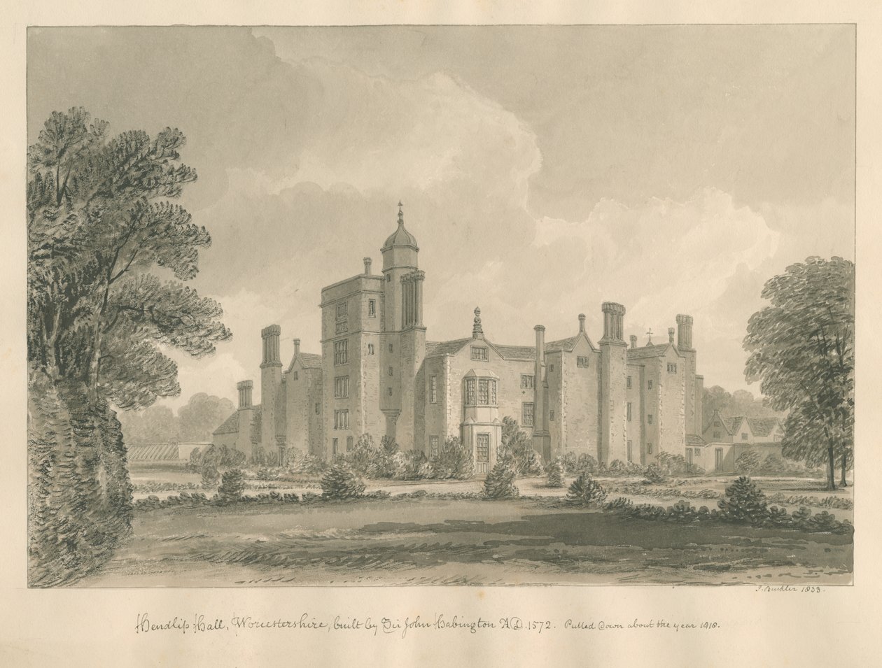 伍斯特郡-Hindlip Hall：棕褐色绘画，1833年 作者 约翰·巴克勒