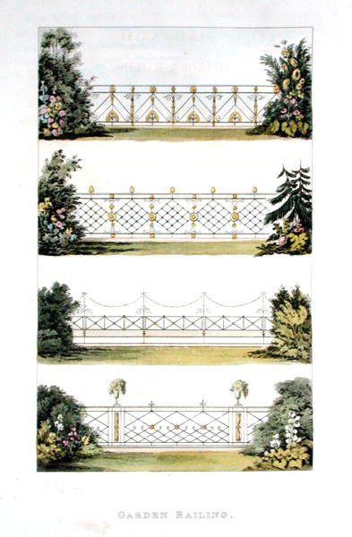 花园栏杆，来自阿克曼的 "艺术文献"，1823年出版（彩色平印）。 作者 约翰·布纳罗蒂·帕普沃思
