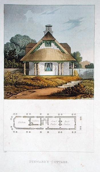 管家的小屋，来自阿克曼的 "艺术宝库"，1818年出版（彩色平印）。 作者 约翰·布纳罗蒂·帕普沃思