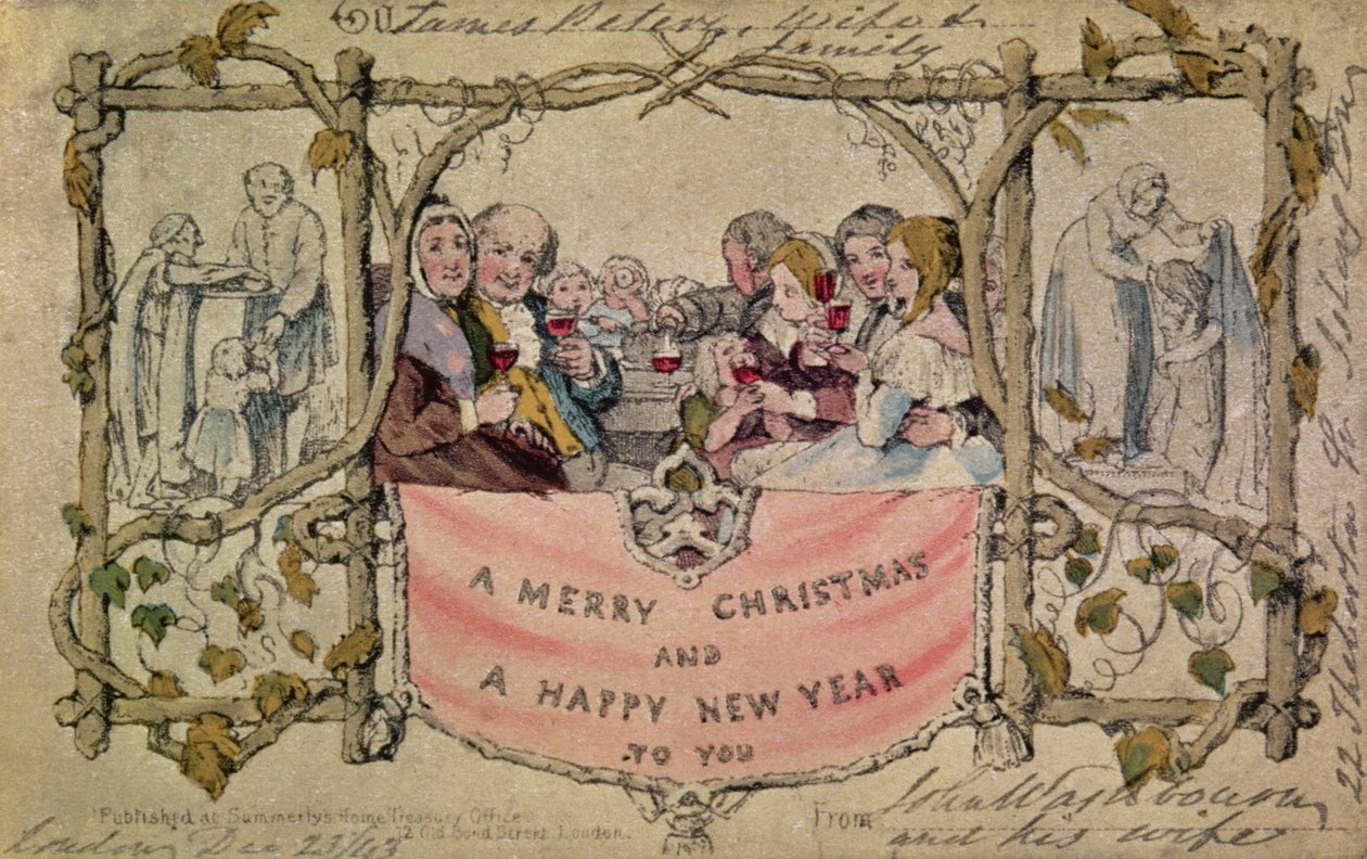 圣诞贺卡，第一个已知的圣诞贺卡的例子，1843年（手工彩色水彩印刷）（原创设计见14897） 作者 约翰·卡科特·霍斯利