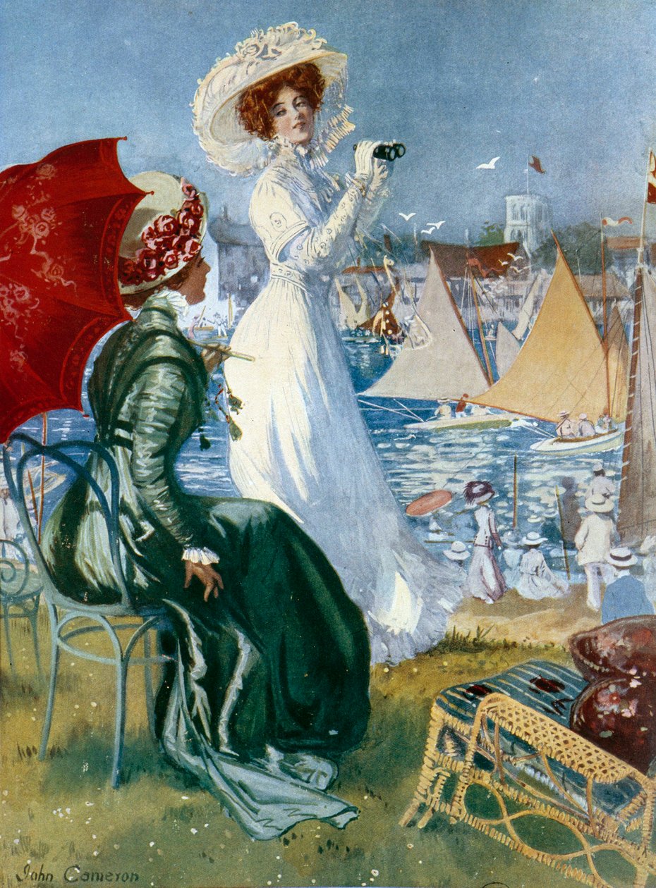 Belle epoque：“年轻女性用双筒望远镜追踪””约翰卡梅隆的石版画（20 世纪）巴黎，装饰艺术 作者 约翰·卡梅伦