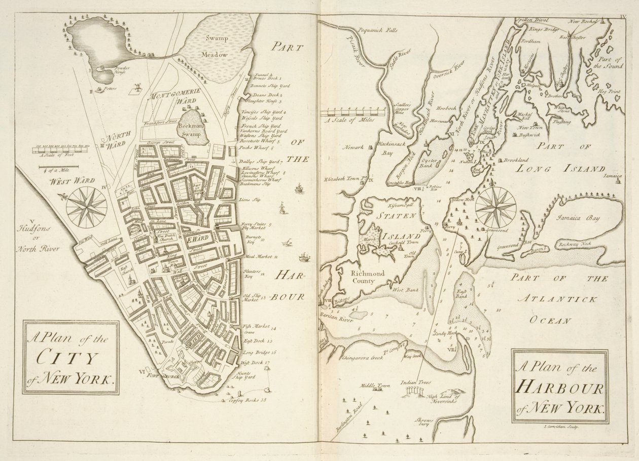 Holkham MS 109 F 41，纽约市和港口的计划，约1740年（雕刻）。 作者 约翰·卡威瑟姆
