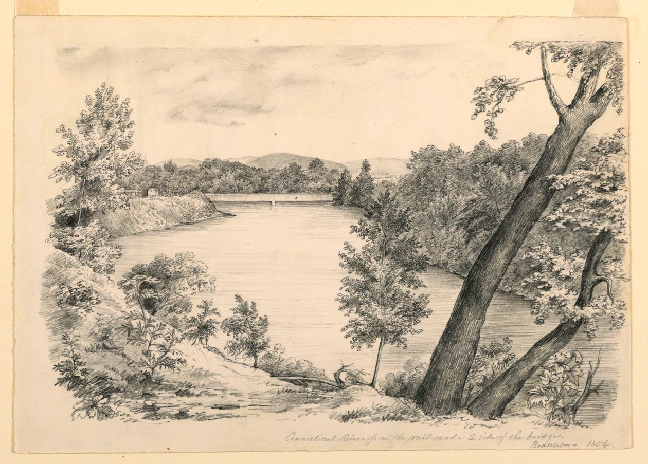 绘图，佛蒙特州布拉特伯勒附近的康涅狄格河景观，1854 年 作者 约翰·切尼