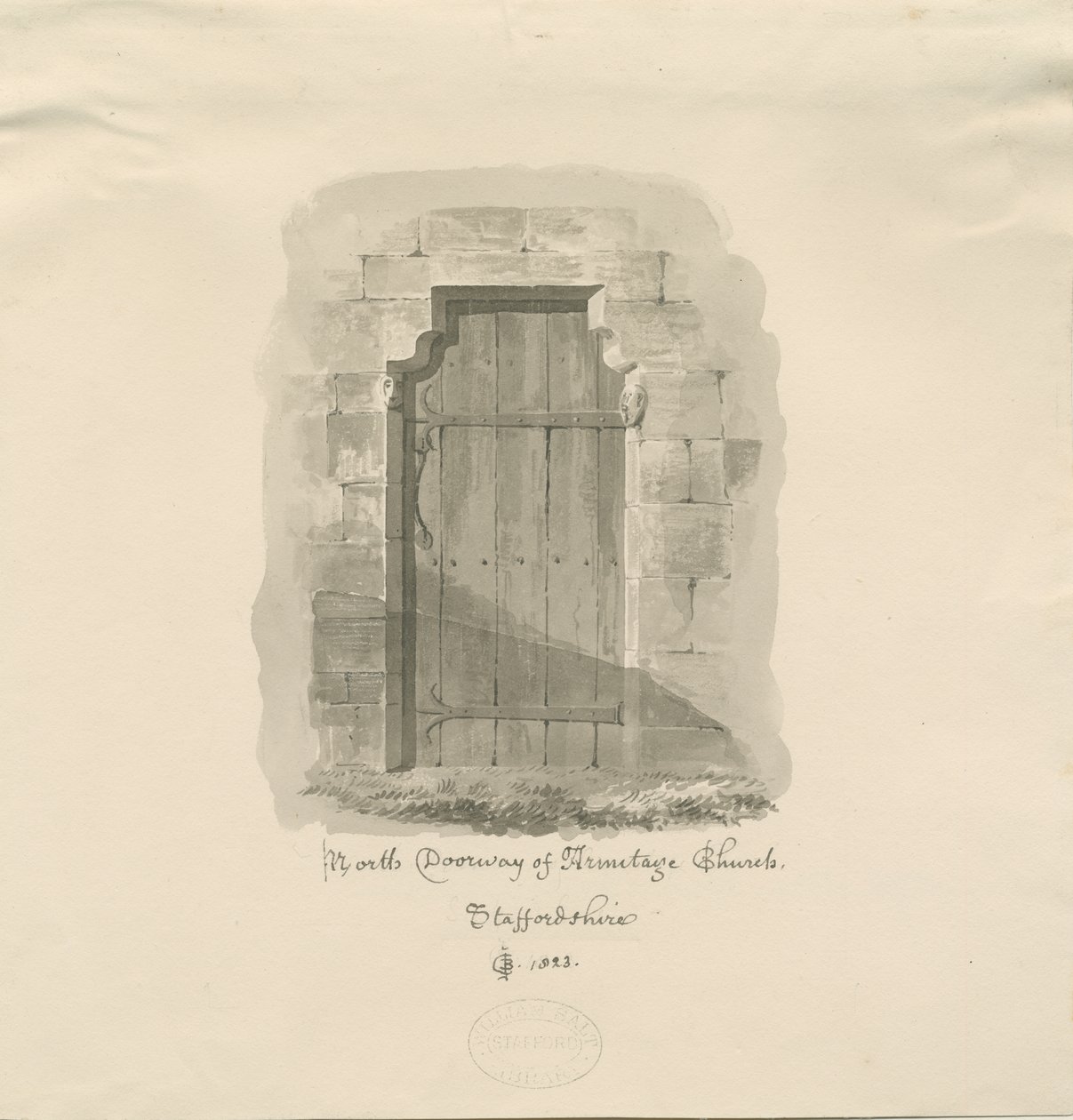 阿米蒂奇教堂-北门口：棕褐色绘图，1823年 作者 约翰·切塞尔·巴克勒