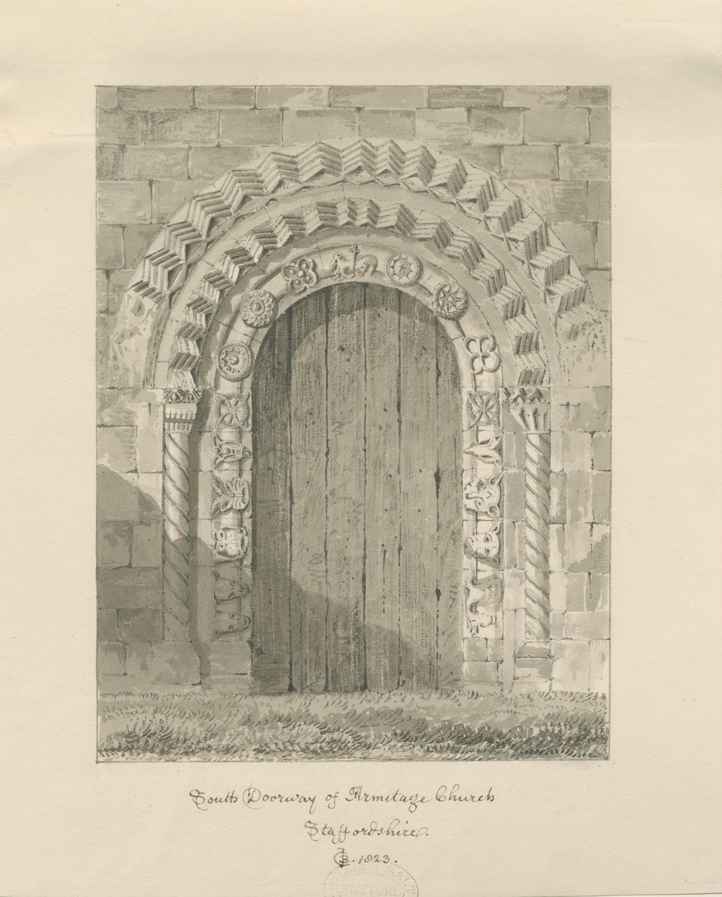 阿米蒂奇教堂-南门口：棕褐色绘画，1823年 作者 约翰·切塞尔·巴克勒