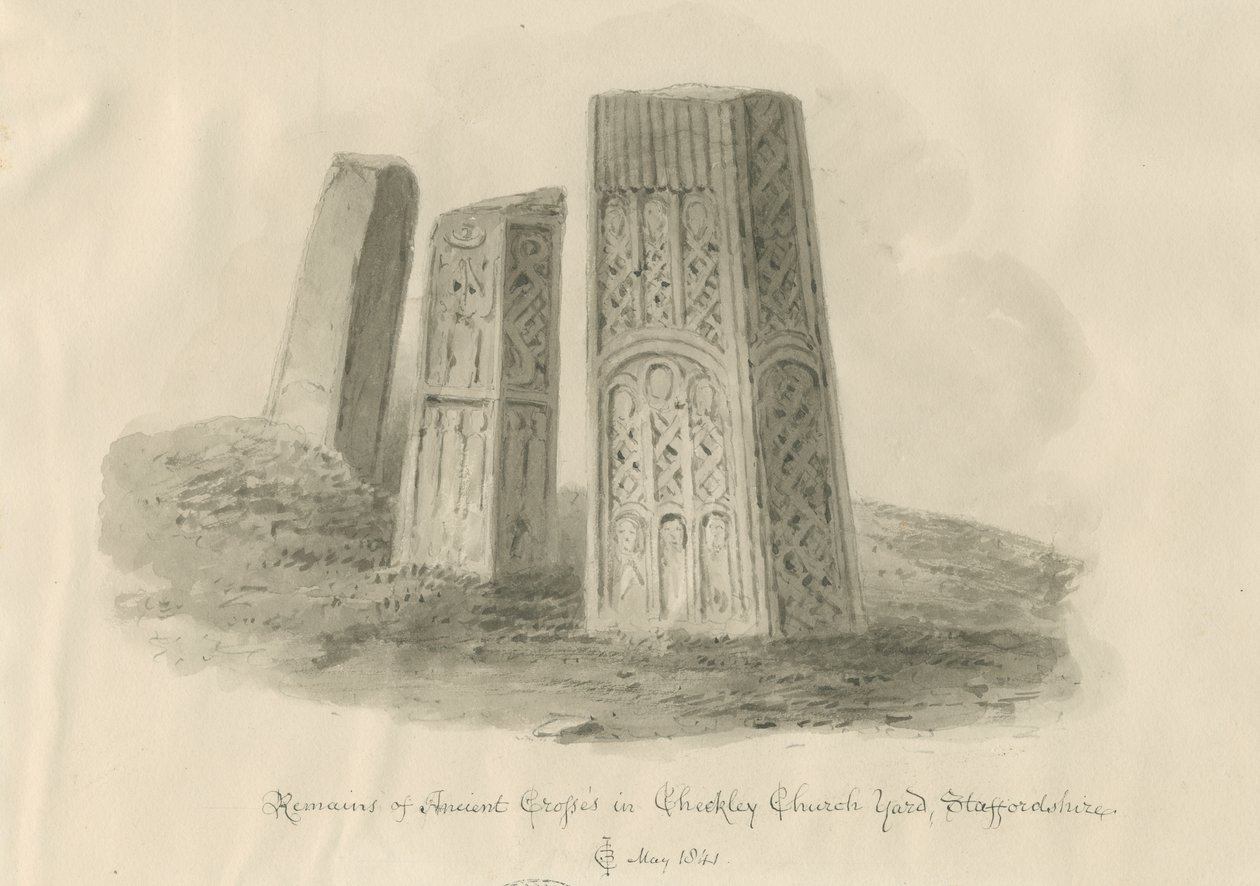 Checkley Church - Ancient Crosses: sepia drawing 作者 约翰·切塞尔·巴克勒