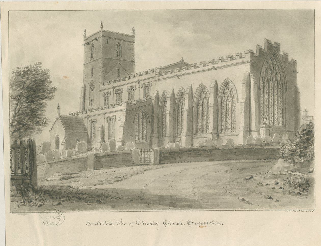 Checkley Church: sepia drawing 作者 约翰·切塞尔·巴克勒