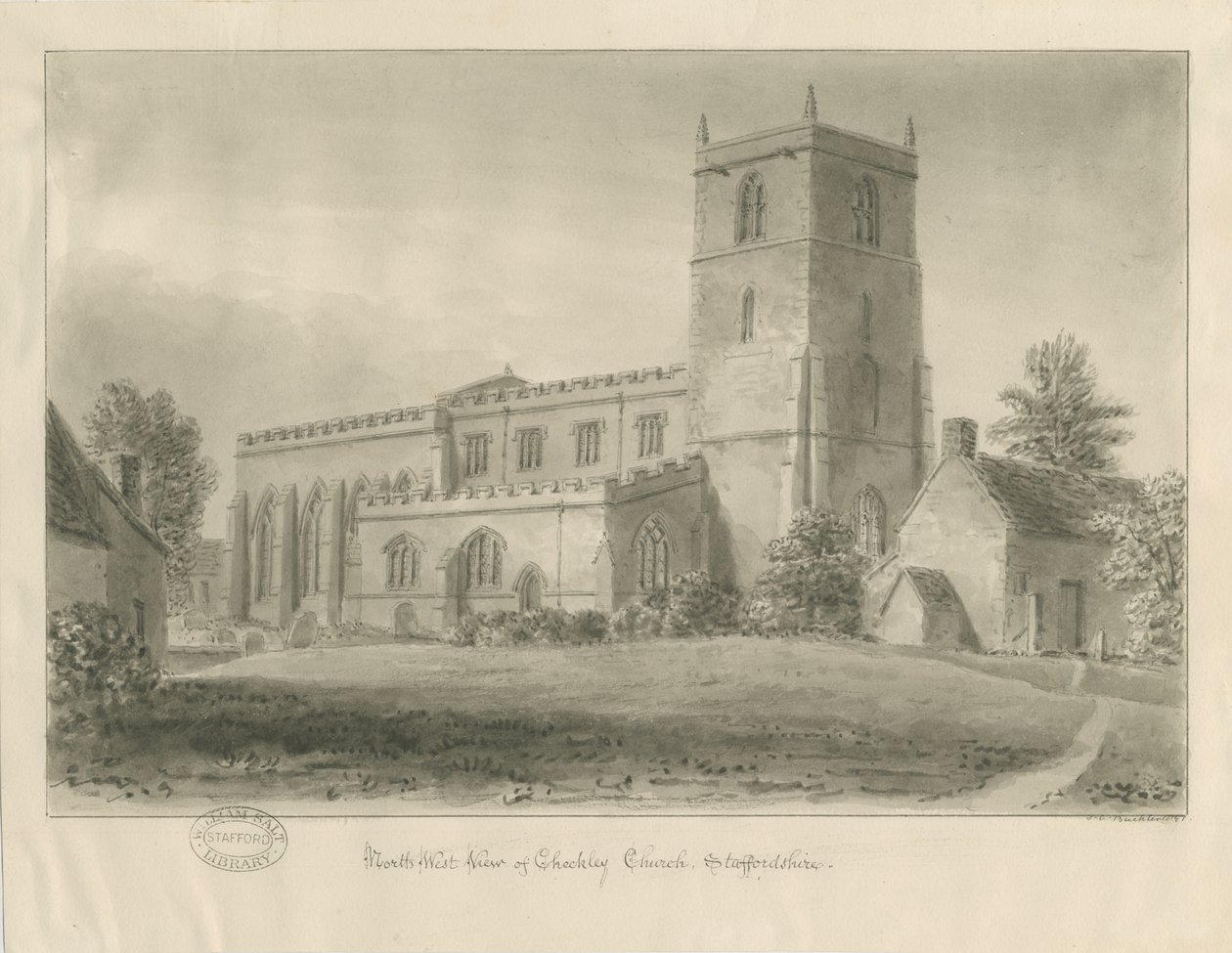 Checkley Church: sepia drawing 作者 约翰·切塞尔·巴克勒
