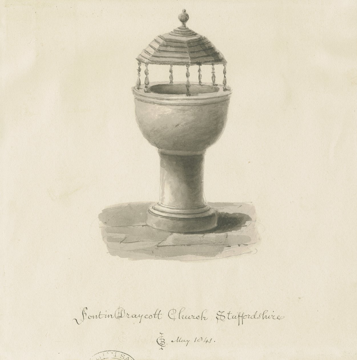 Font in Draycott in the Moors Church: sepia drawing 作者 约翰·切塞尔·巴克勒