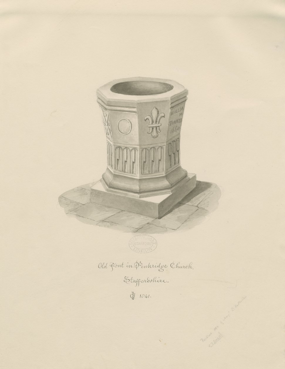Penkridge教堂的字体：棕褐色绘画，1841年 作者 约翰·切塞尔·巴克勒