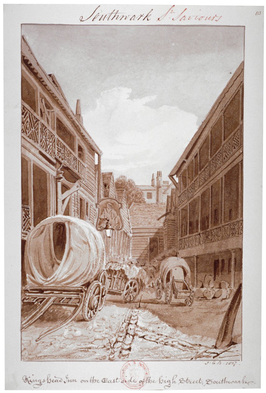 南华克高街东侧的国王头旅馆》，伦敦，1827年。   作者 约翰·切塞尔·巴克勒