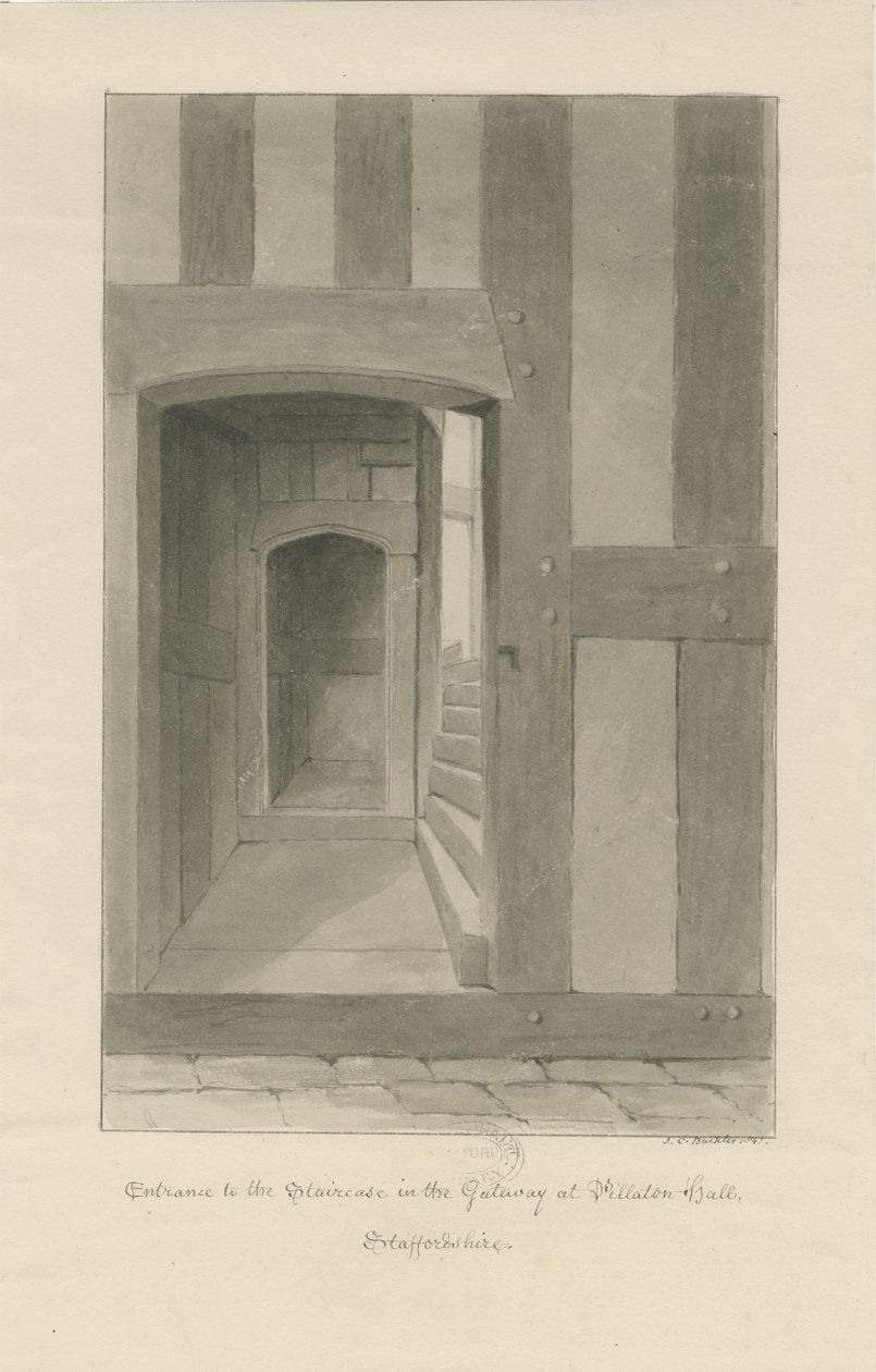 Pillaton Hall - Interior of Gatehouse: sepia drawing 作者 约翰·切塞尔·巴克勒