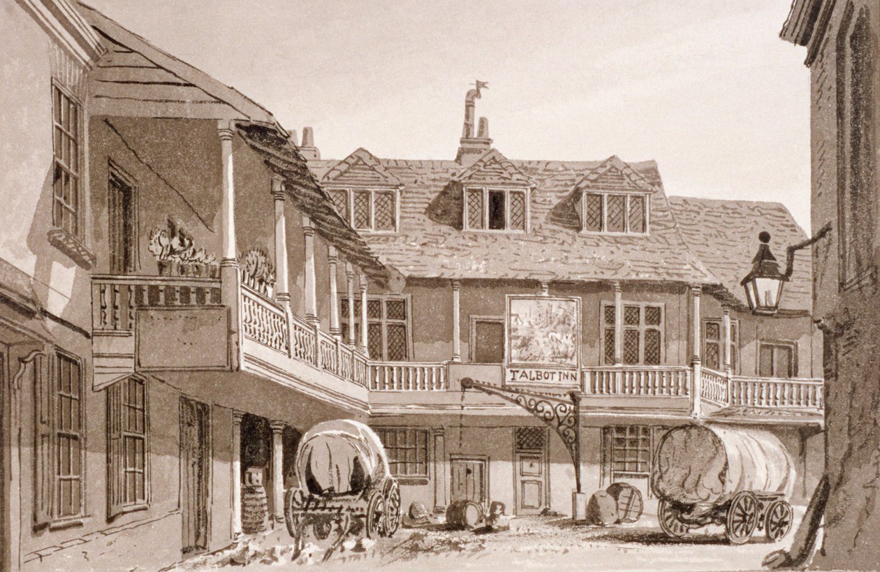 位于伦敦南华克区博罗高街的塔巴德旅馆，1827年。   作者 约翰·切塞尔·巴克勒