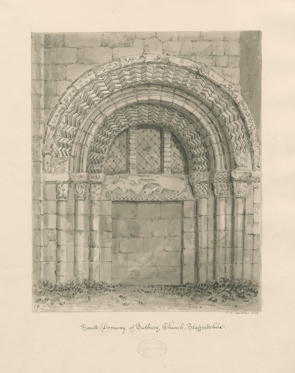 Tutbury小修道院教堂-南门口：棕褐色水墨画，1812年 作者 约翰·切塞尔·巴克勒