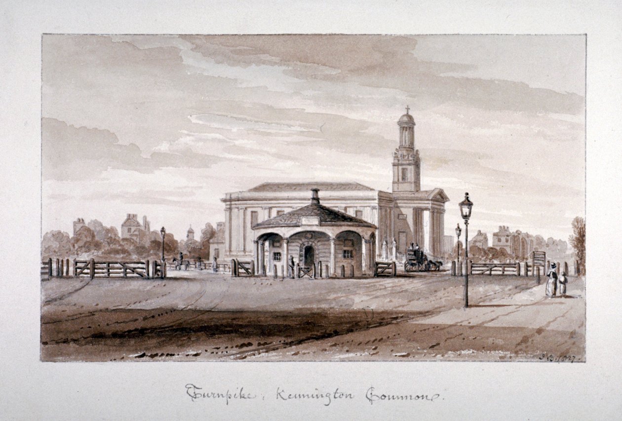 1827年，伦敦兰贝斯Kennington Common的转弯处的景色。             作者 约翰·切塞尔·巴克勒