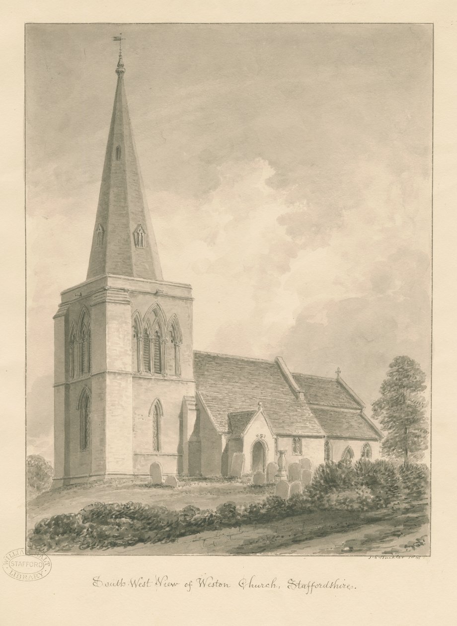 Weston-on-Trent Church: sepia drawing 作者 约翰·切塞尔·巴克勒