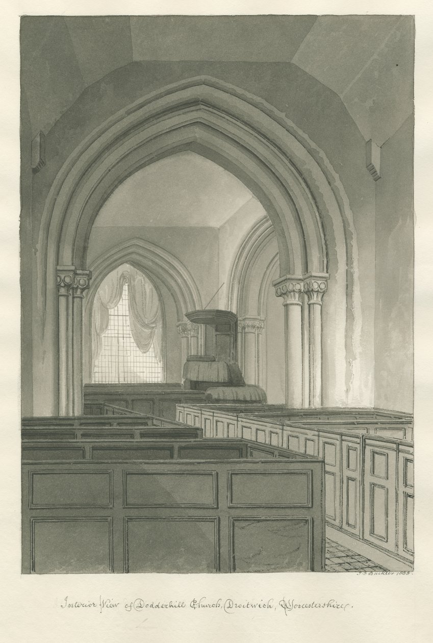 Worcestershire - Droitwich - Dodderhill Church Interior : sepia drawing 作者 约翰·切塞尔·巴克勒