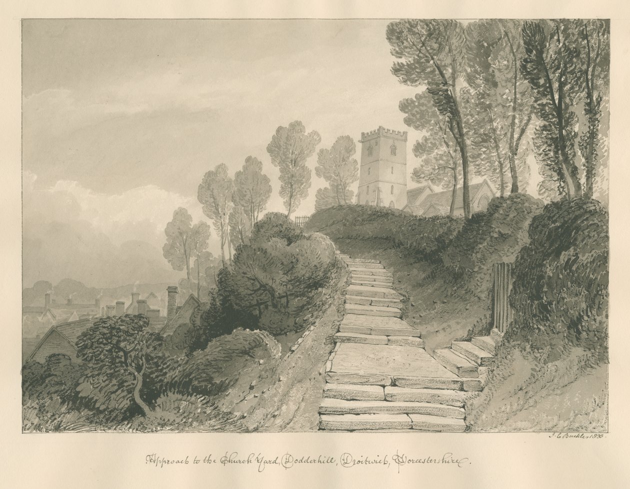 伍斯特郡-德罗伊特威奇-多德希尔教堂：棕褐色绘画，1833年 作者 约翰·切塞尔·巴克勒