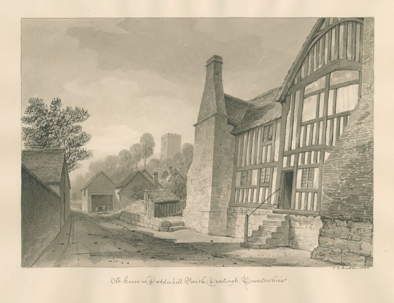 伍斯特郡 - Droitwich - Dodderhill Old House：棕褐色绘图 作者 约翰·切塞尔·巴克勒