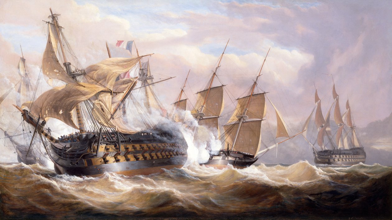 1800 年 3 月 30 日，"Guillaume Tell "号在封锁期间与 "H.M.S. Penelope "号和 "H.M.S. Loin of Malta "号交战（布面油画） 作者 约翰·克里斯蒂安·史凯基